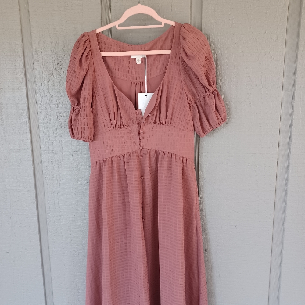 Ted Baker Angeia Midi Dress Size 3 US 8 Puff Sleeve Seersucker Feminine Defect - Picture 2 of 15